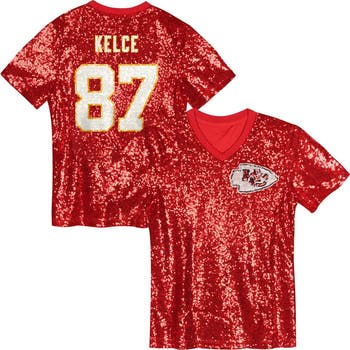Girls Youth Travis Kelce Red Kansas City Chiefs Sequin V-Neck Fashion Jersey