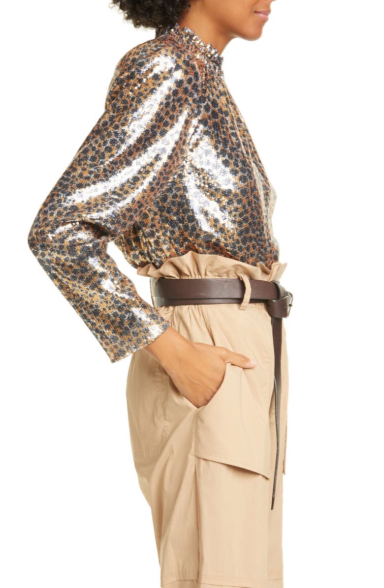 Sea Leopard Print Sequin Puff Sleeve Blouse, Alternate, color,