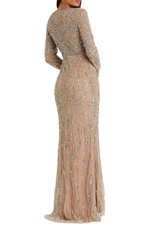 Mac Duggal Beaded Long Sleeve Evening Gown In Mocha
