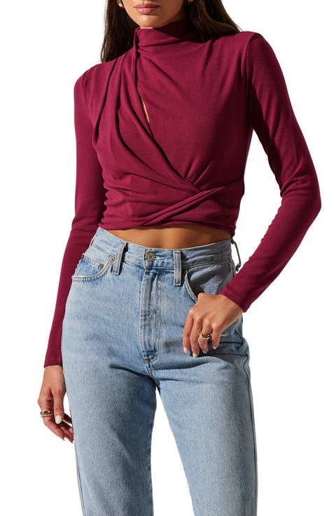 Asymmetric Pleated Cutout Mock Neck Long Sleeve Top