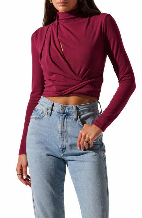 ASTR the Label Asymmetric Pleated Cutout Mock Neck Long Sleeve Top