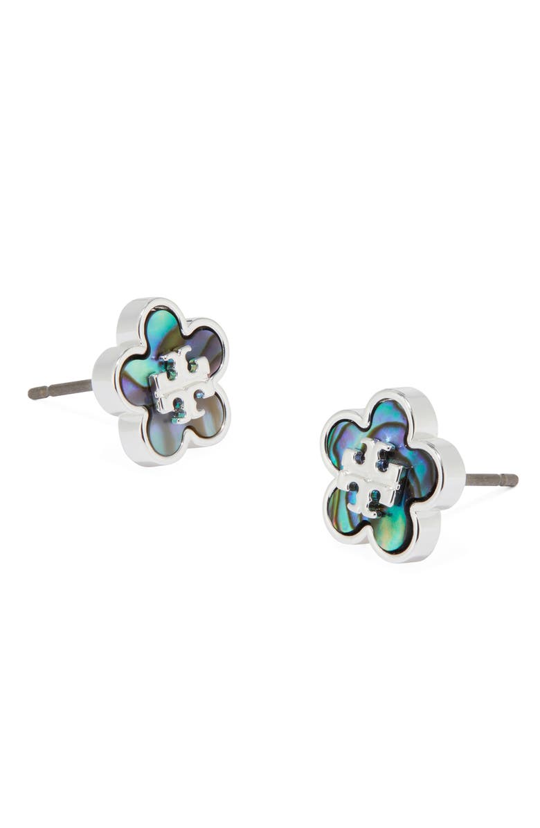 Tory Burch Forget Me Not Enamel Stud Earrings, Alternate, color, Light Silver / Abalone