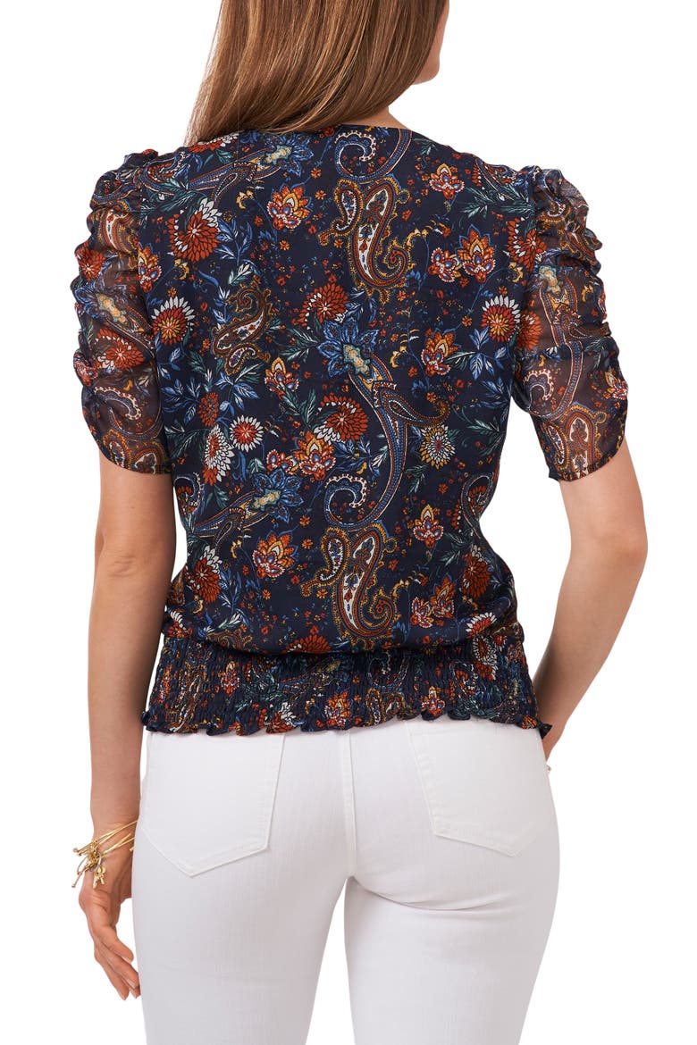 Ruched Sleeve Print Blouse, Alternate, color, NAVY/ RUST