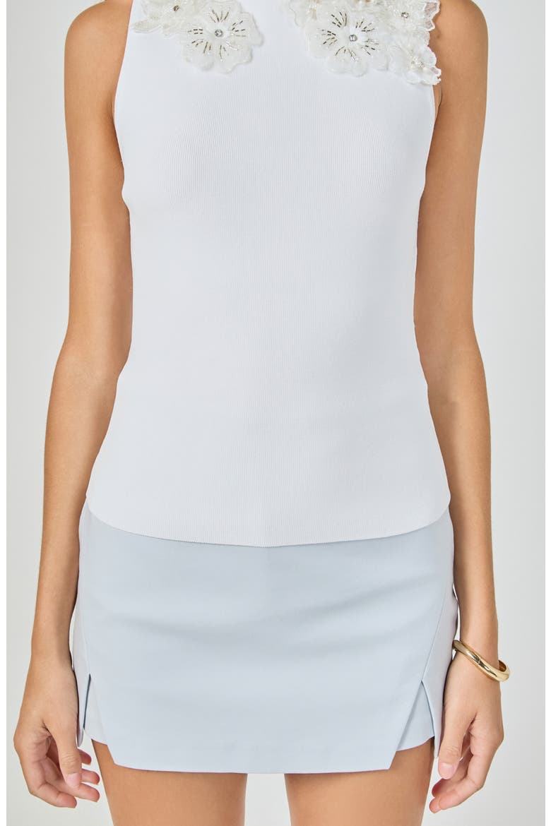 Flower Trim Sleeveless Rib Top, Alternate, color, WHITE