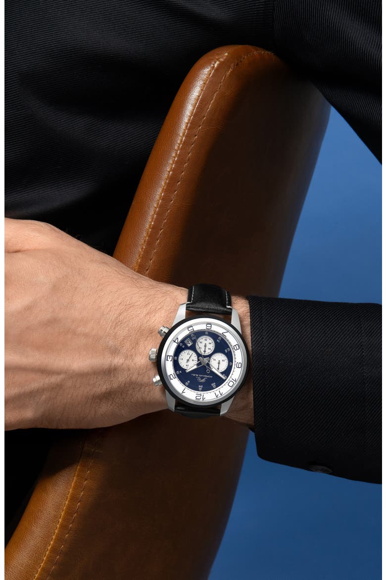Men's Arthur Chronograph Leather Strap Watch, 44mm, Alternate, color, SILVER/BLACK /BLUE