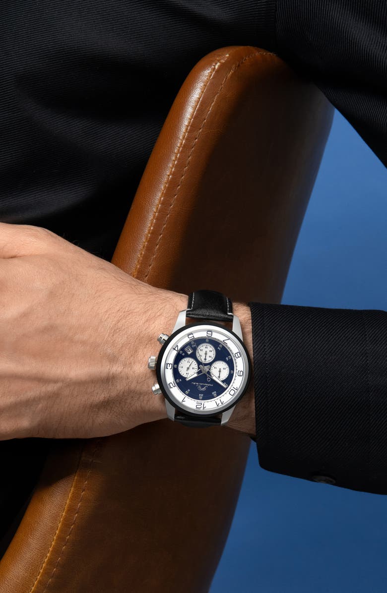 PORSAMO BLEU Men's Arthur Chronograph Leather Strap Watch, 44mm, Alternate, color, Silver/Black /Blue