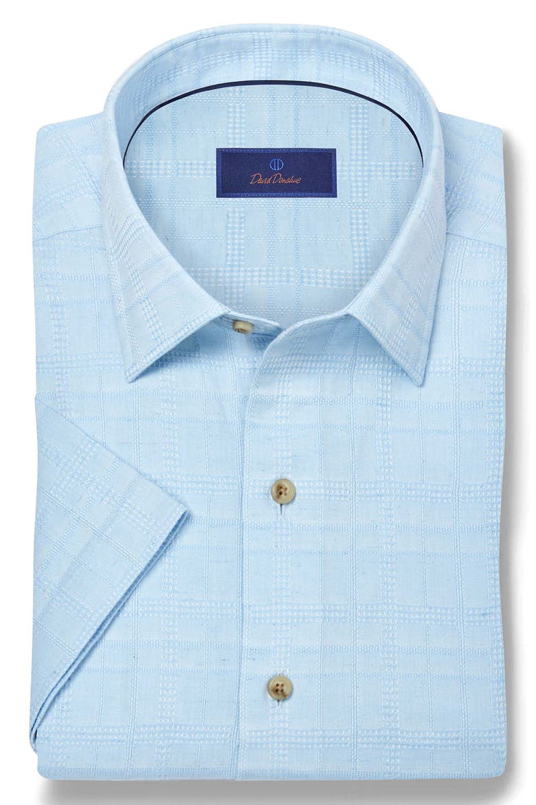 Geometric Embroidered Short Sleeve Cotton & Linen Button-Up Shirt, Alternate, color, SKY