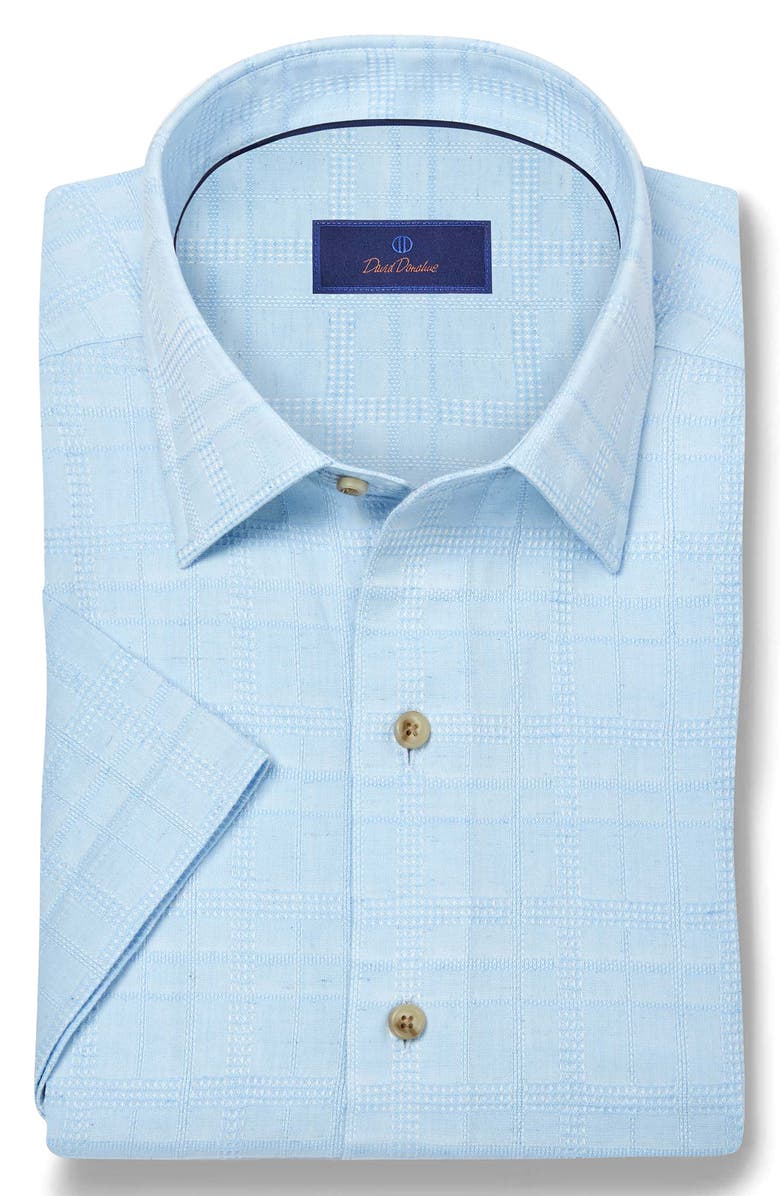 David Donahue Geometric Embroidered Short Sleeve Cotton & Linen Button-Up Shirt, Alternate, color, Sky