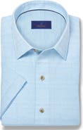 David Donahue Geometric Embroidered Short Sleeve Cotton & Linen Button-Up Shirt