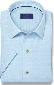 David Donahue Geometric Embroidered Short Sleeve Cotton & Linen Button-Up Shirt