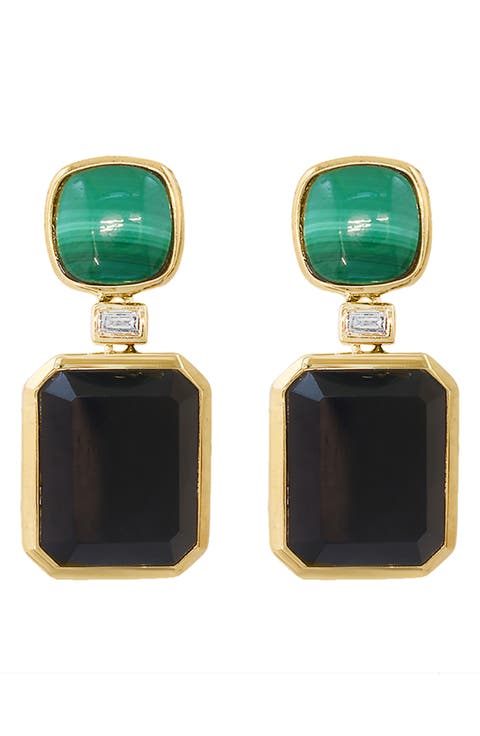 Malachite, Onyx & Diamond Drop Earrings