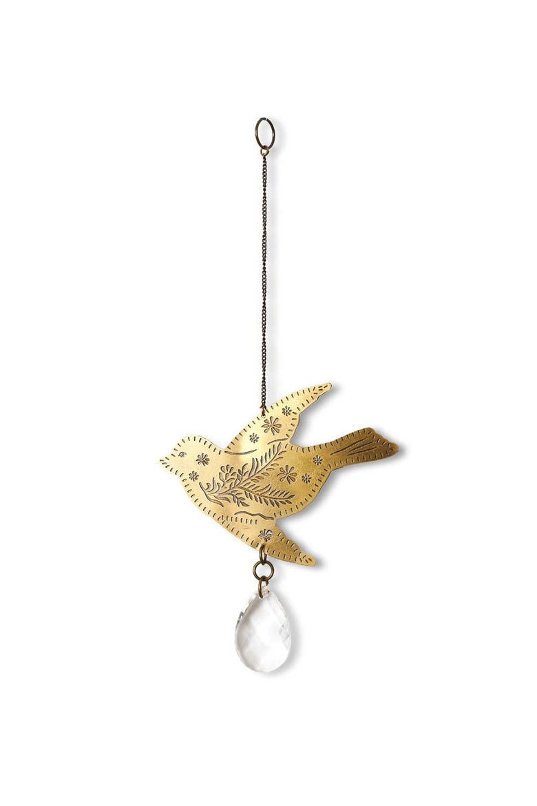Surya Bird Engraved Brass Suncatcher, Main, color, Gold