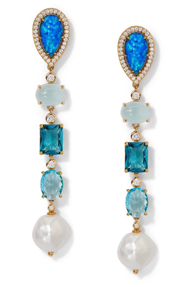 Blue Lagoon Cubic Zirconia & Freshwater Pearl Linear Drop Earrings, Main, color, GOLD