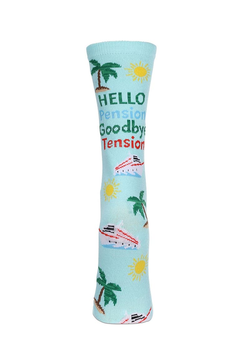 Big Kid's Goodbye Tension Hello Pension Greeting Card Crew Socks, Alternate, color, Aqua Splash