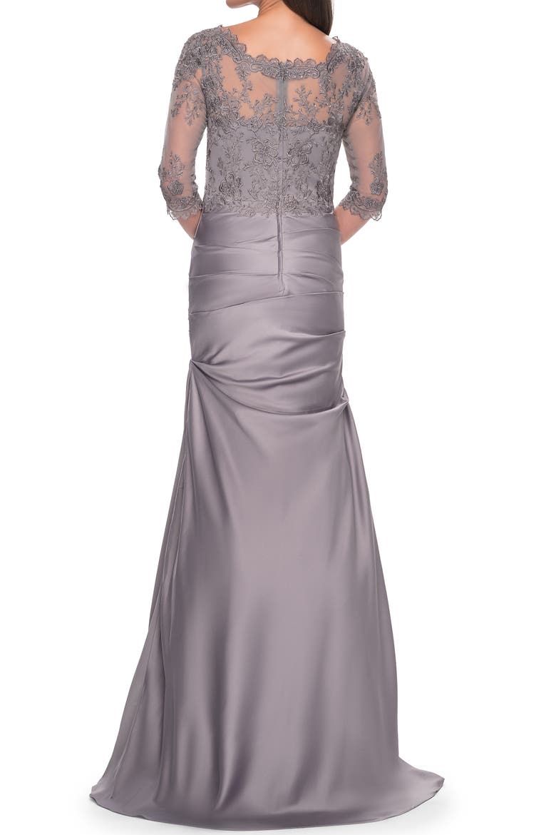 Satin and Lace Off the Shoulder Mermaid Gown, Alternate, color, Silver