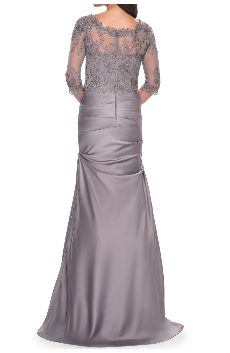 La Femme Satin and Lace Off the Shoulder Mermaid Gown, Alternate, color, Silver
