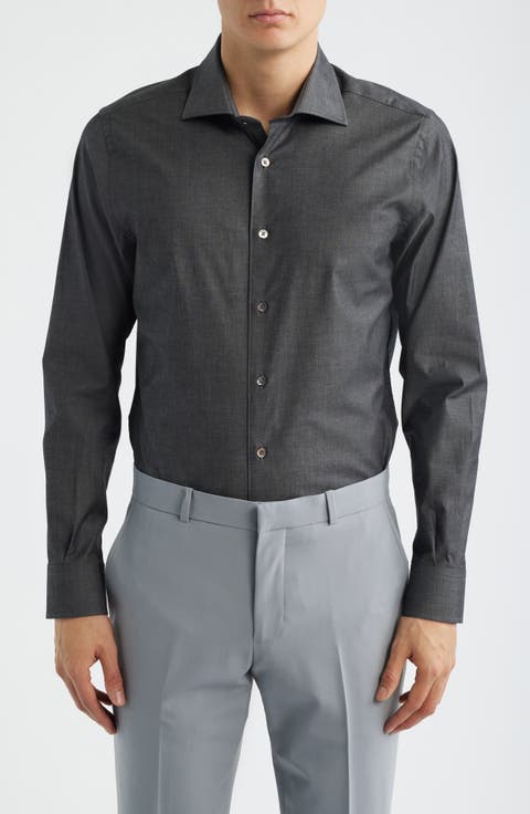 Bassano Tailored Fit Solid Stretch Cotton Twill Dress Shirt
