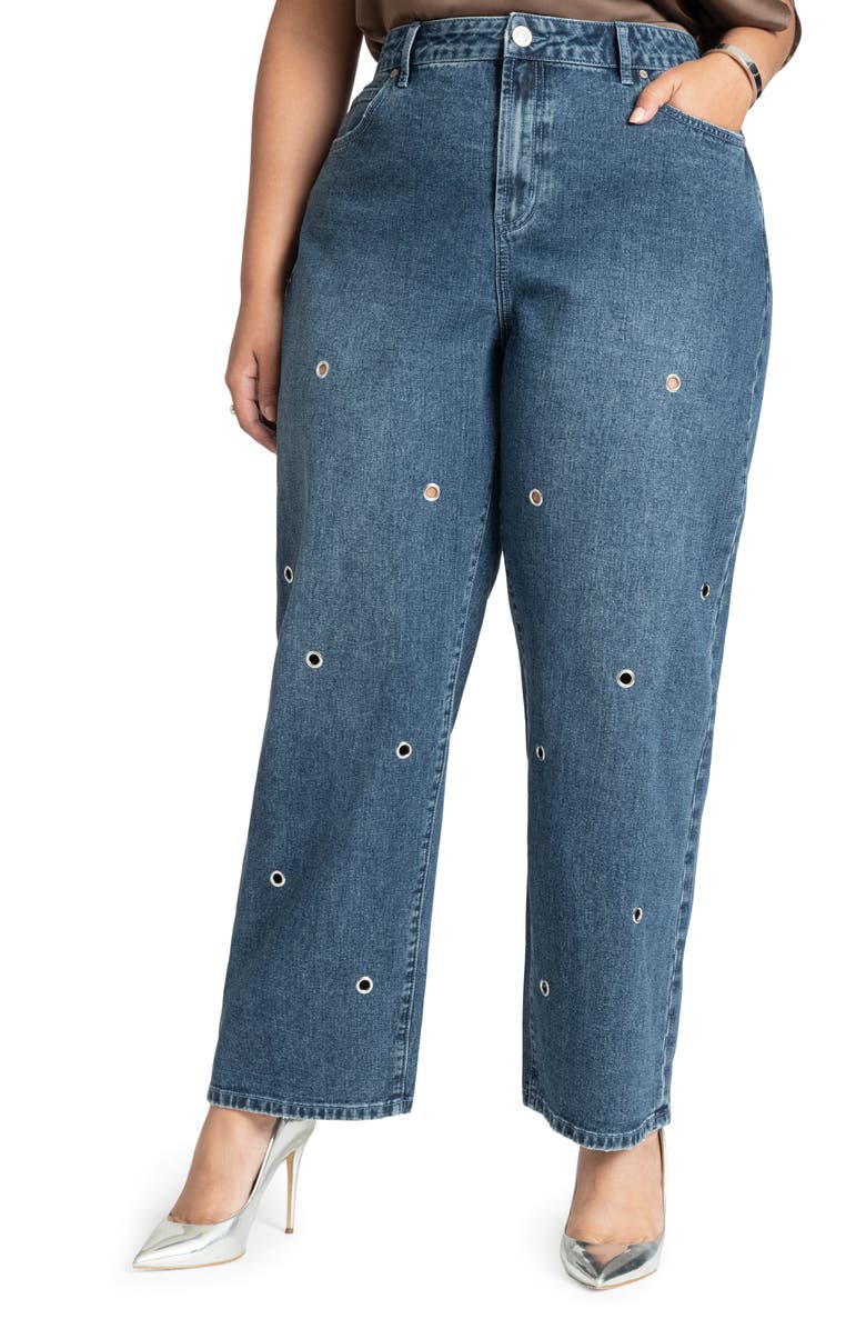 ELOQUII Grommet High Waist Relaxed Straight Leg Jeans, Main, color,