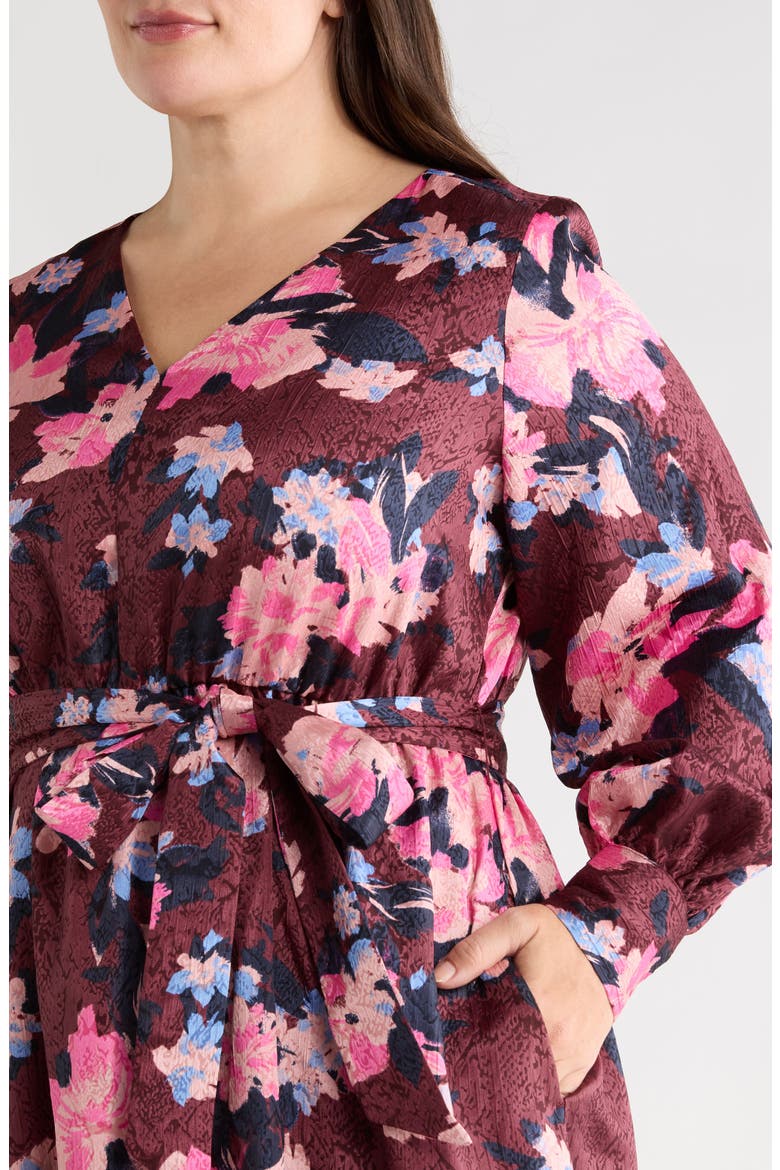 Belted Long Sleeve Satin Midi Dress, Alternate, color, BURGUNDY- BLUE GEORGIA BLOOMS