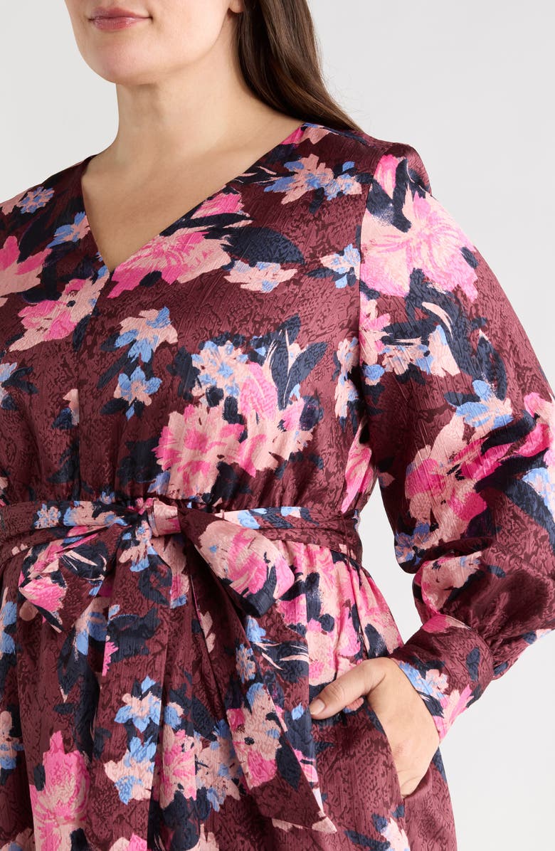 Caslon<sup>®</sup> Belted Long Sleeve Satin Midi Dress, Alternate, color, Burgundy- Blue Georgia Blooms