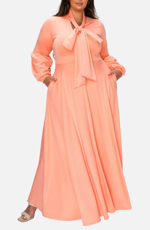 Bella Donna Long Sleeve Ribbon Tie Dress (Plus)