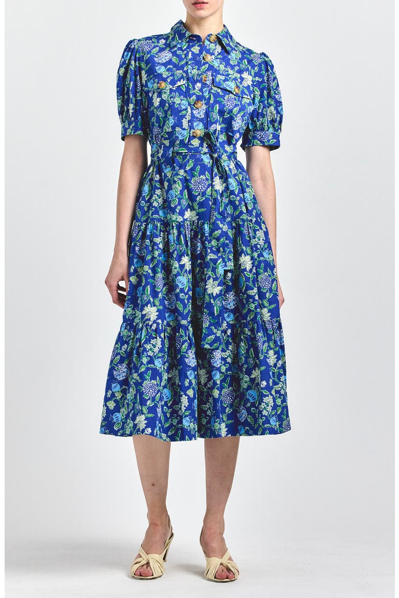 Buffy Floral Print Tie Waist Tiered Midi Dress, Main, color, BLUE VINES