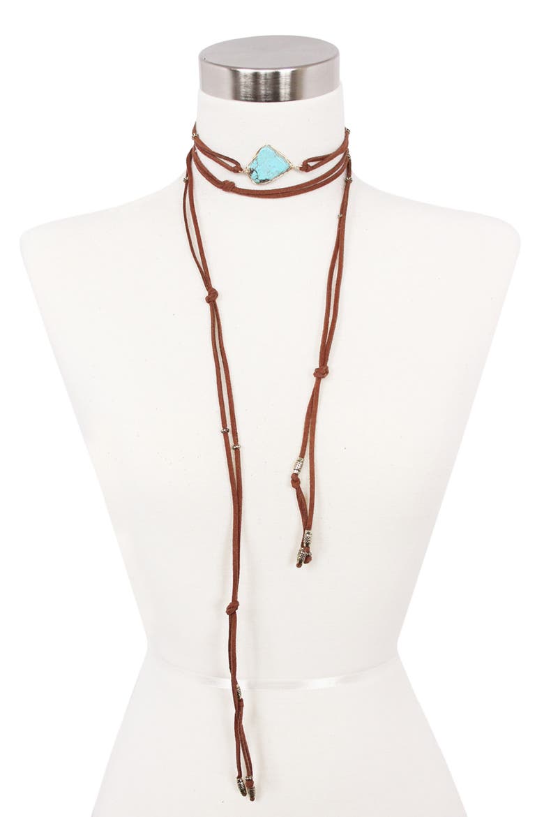 Stone Detail Layered Suede Wrap Necklace, Main, color, OXIDIZED BRASS / TURQUOISE