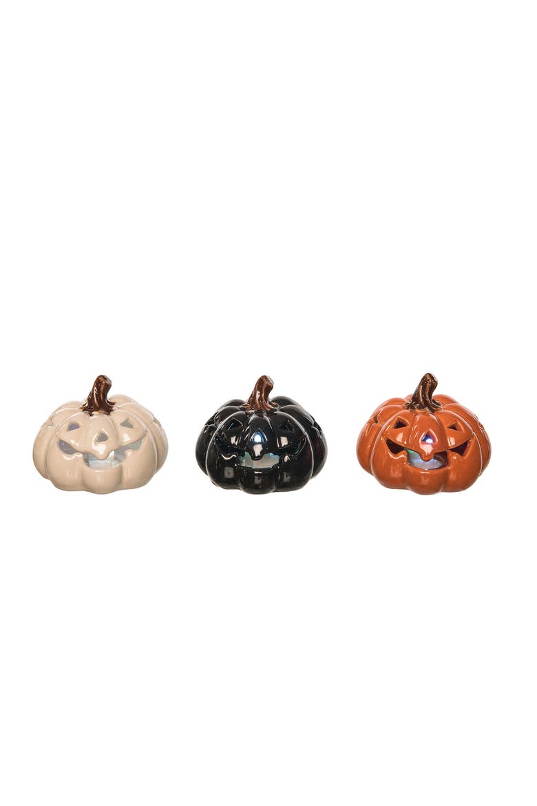3.27" x 3.94" Orange White Black Stoneware Pumpkin 3-Piece Light Up Jack O' Lantern Halloween Figurines, Main, color, Orange