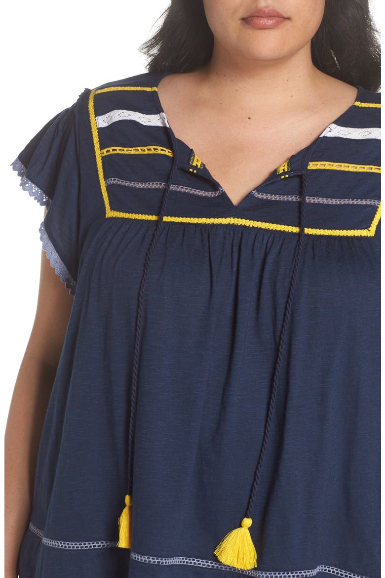 Lace Inset Boho Tee, Alternate, color, NAVY- YELLOW ABRIL PATTERN