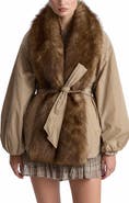 Avec Les Filles Balloon Belted Puffer Coat with Faux Fur Trim