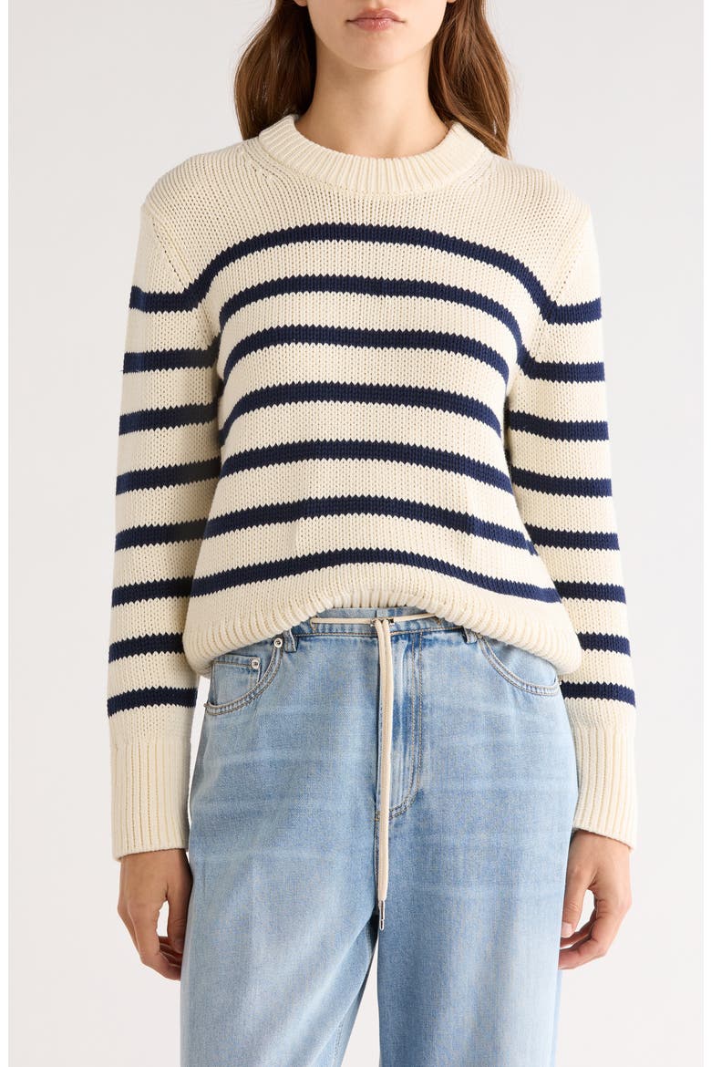 Alise Stripe Crewneck Cotton Sweater, Main, color, IVORY NAVY STRIPE