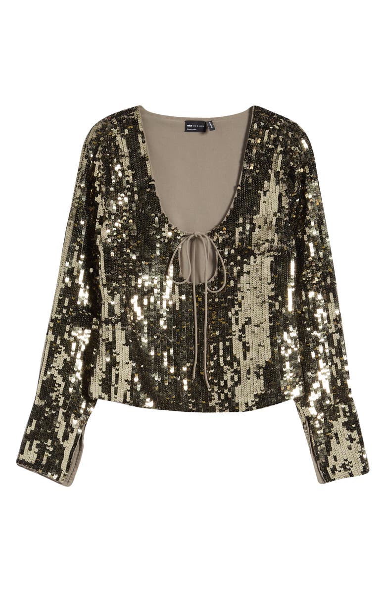 ASOS DESIGN Tie Detail Long Sleeve Sequin Top, Alternate, color, Khaki