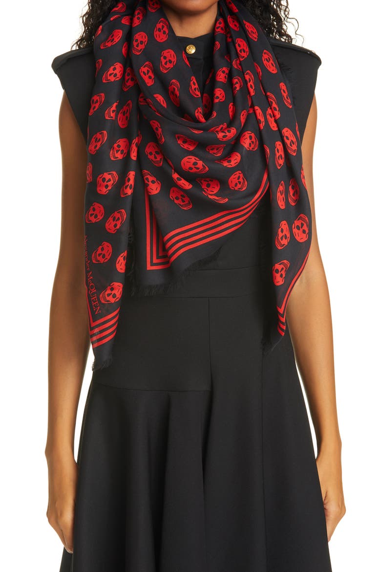 Alexander McQueen Skull Print Modal Scarf, Main, color, 1074 BLACK/RED
