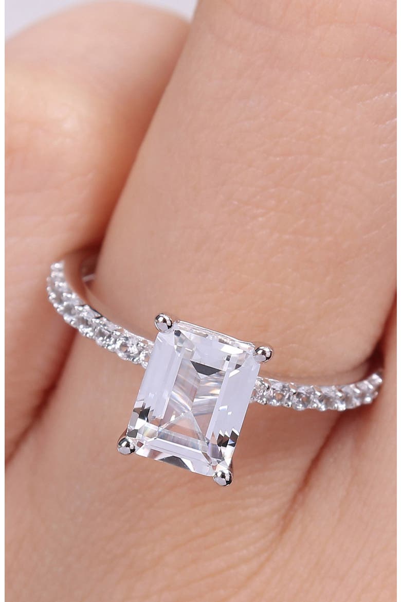 10K White Gold Plated Sterling Silver Emerald Cut Created White Sapphire Ring, Alternate, color, SILVER