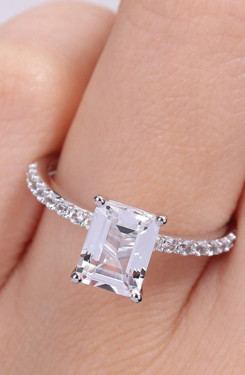 DELMAR 10K White Gold Plated Sterling Silver Emerald Cut Created White Sapphire Ring, Alternate, color, Silver