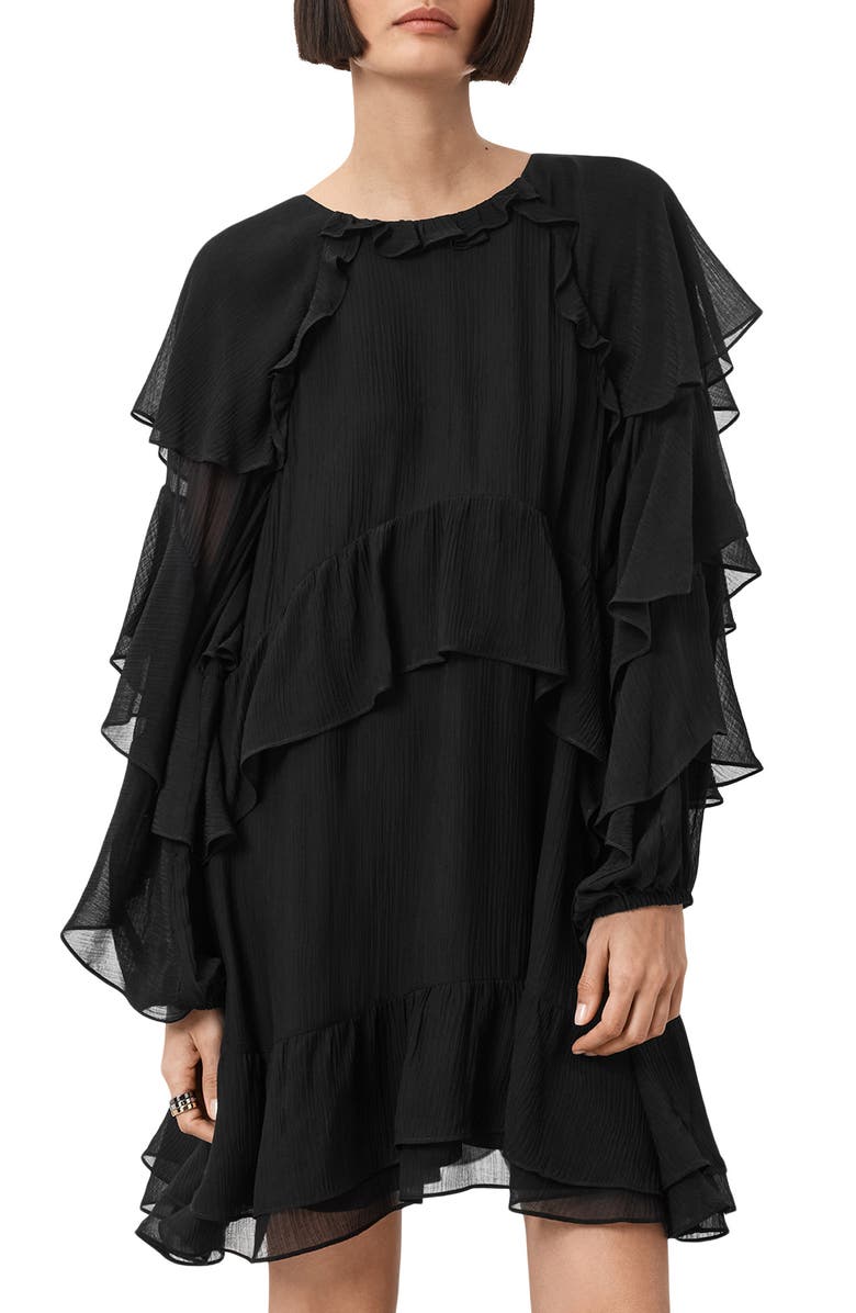 AllSaints Lissie Long Sleeve Ruffle Minidress, Alternate, color, Black