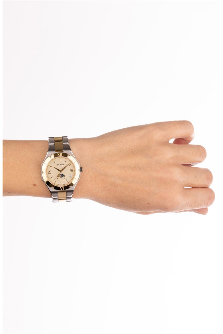 Be Balmain Moonphase Two-Tone Bracelet Watch, 33mm, Alternate, color, TWO TONE STEEL GOLD PVD