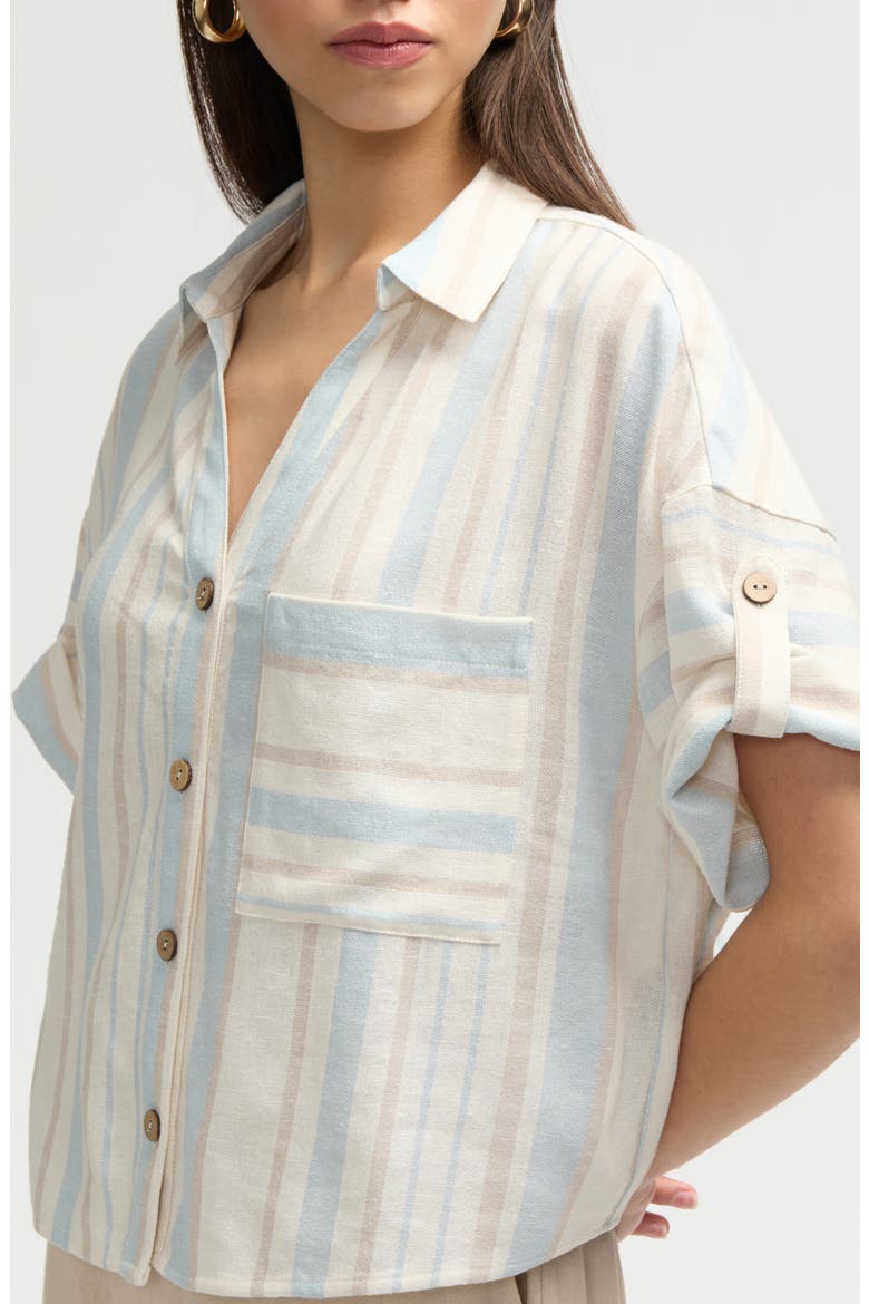 Short Sleeve Crop Button-Up Shirt, Alternate, color, BLUE NATURAL STRIPE