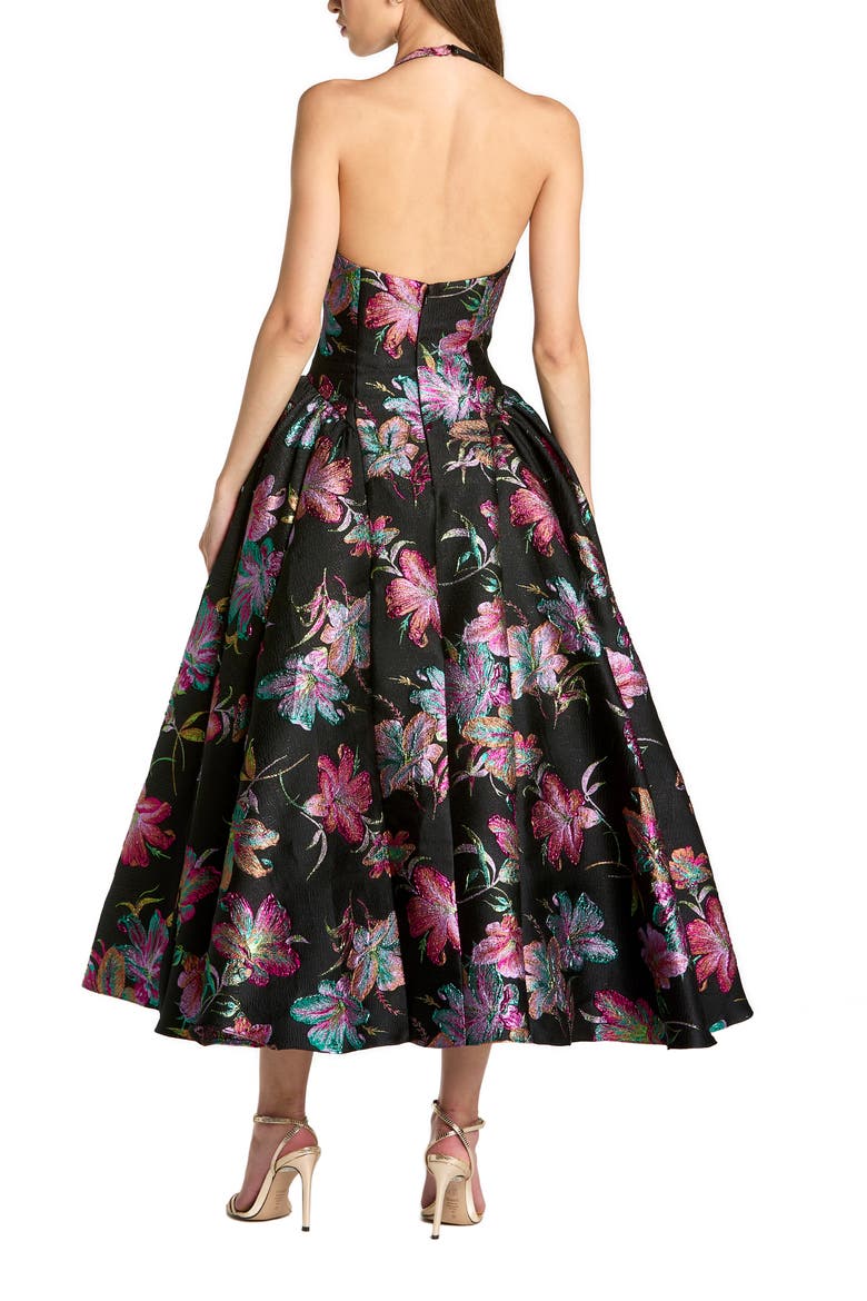 Floral Brocade Halter Neck Open Back Midi Dress, Alternate, color, Black Multi