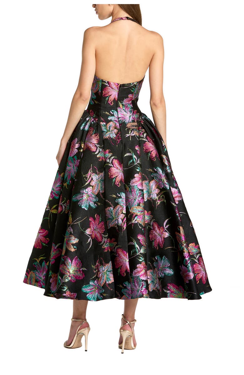Mac Duggal Floral Brocade Halter Neck Open Back Midi Dress, Alternate, color, Black Multi