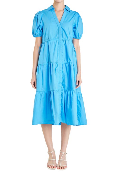 Tiered Puff Sleeve Poplin Midi Dress