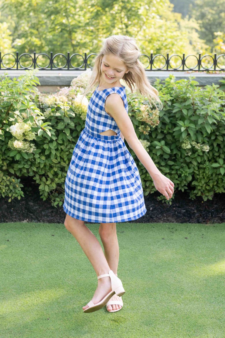 Plaid Seersucker Dress with Side Cut-Out, Alternate, color, Blue / White