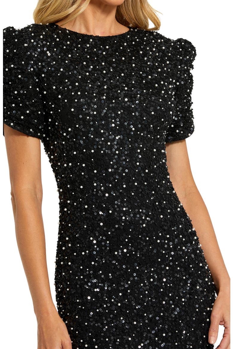Petite Gathered Short Sleeve Embellished Gown, Alternate, color, Black