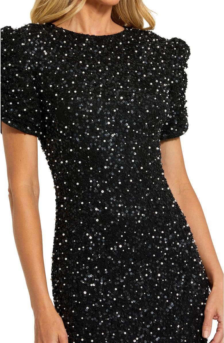 Mac Duggal Beaded Mesh High-Neck Puff-Sleeve Formal Gown, Alternate, color, Black