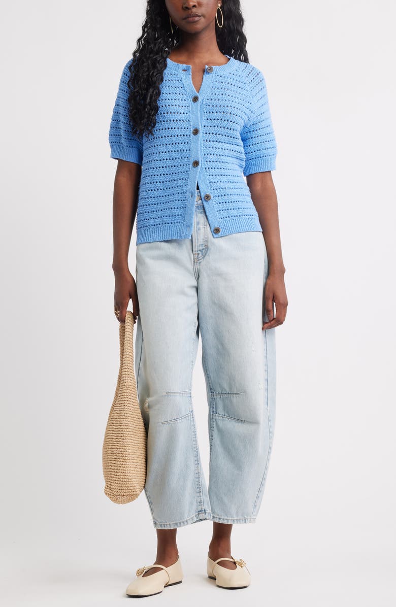 Treasure & Bond Open Stitch Short Sleeve Cotton Cardigan, Alternate, color, Blue Provence