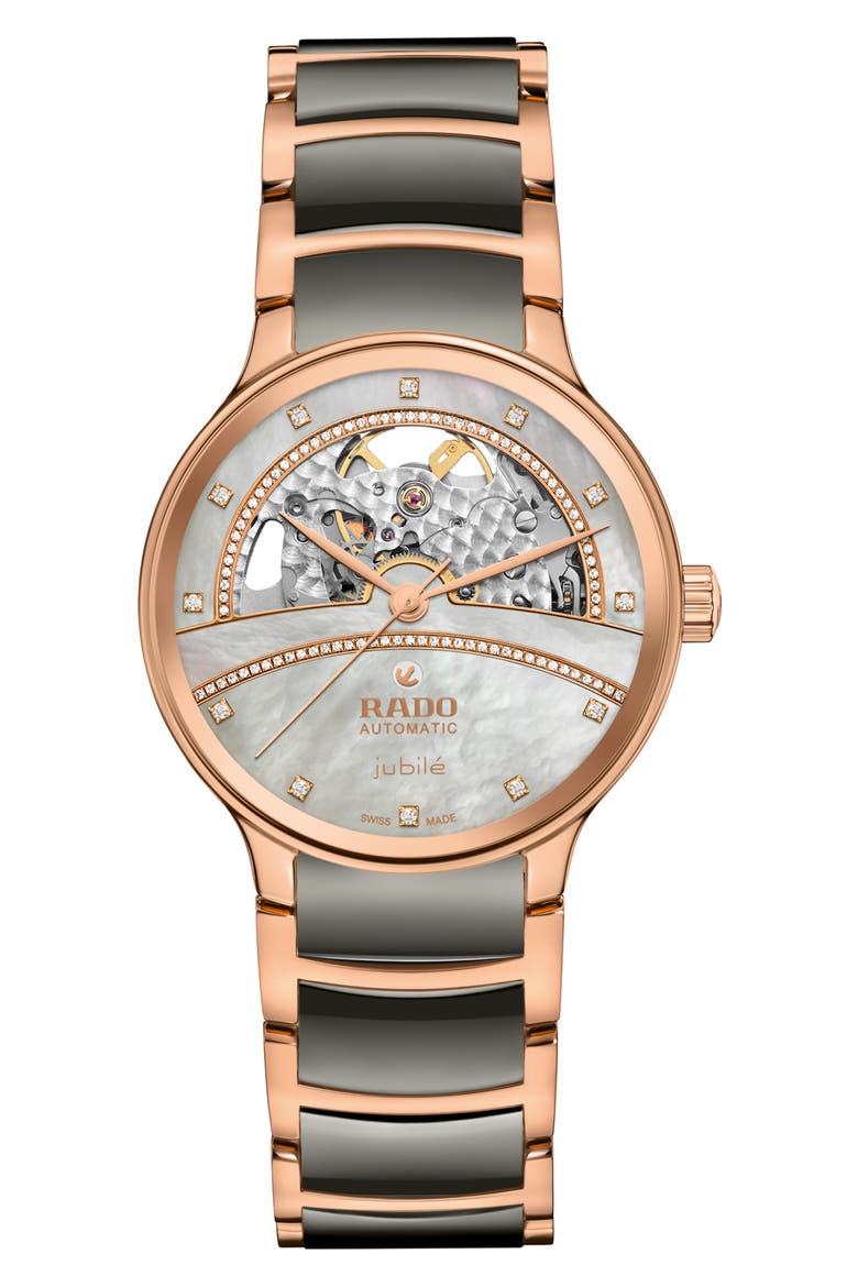 Centrix Mother of Pearl Automatic Ceramic & Stainless Steel Watch, Main, color, LIGHT SILVER MOP