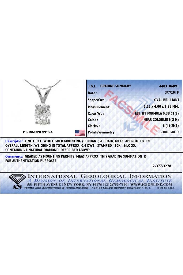 IGI Certified 10K White Gold 3/8 cttw Diamond Oval Pendant Necklace, Alternate, color, White