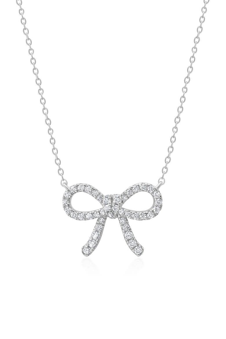 Fairy Tale Pavé Cubic Zirconia Bow Pendant Necklace, Main, color, PURE PLATINUM/ CLEAR STONE