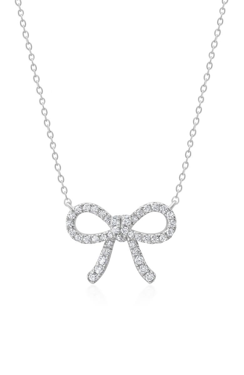 Crislu Fairy Tale Pavé Cubic Zirconia Bow Pendant Necklace, Main, color, Pure Platinum/ Clear Stone