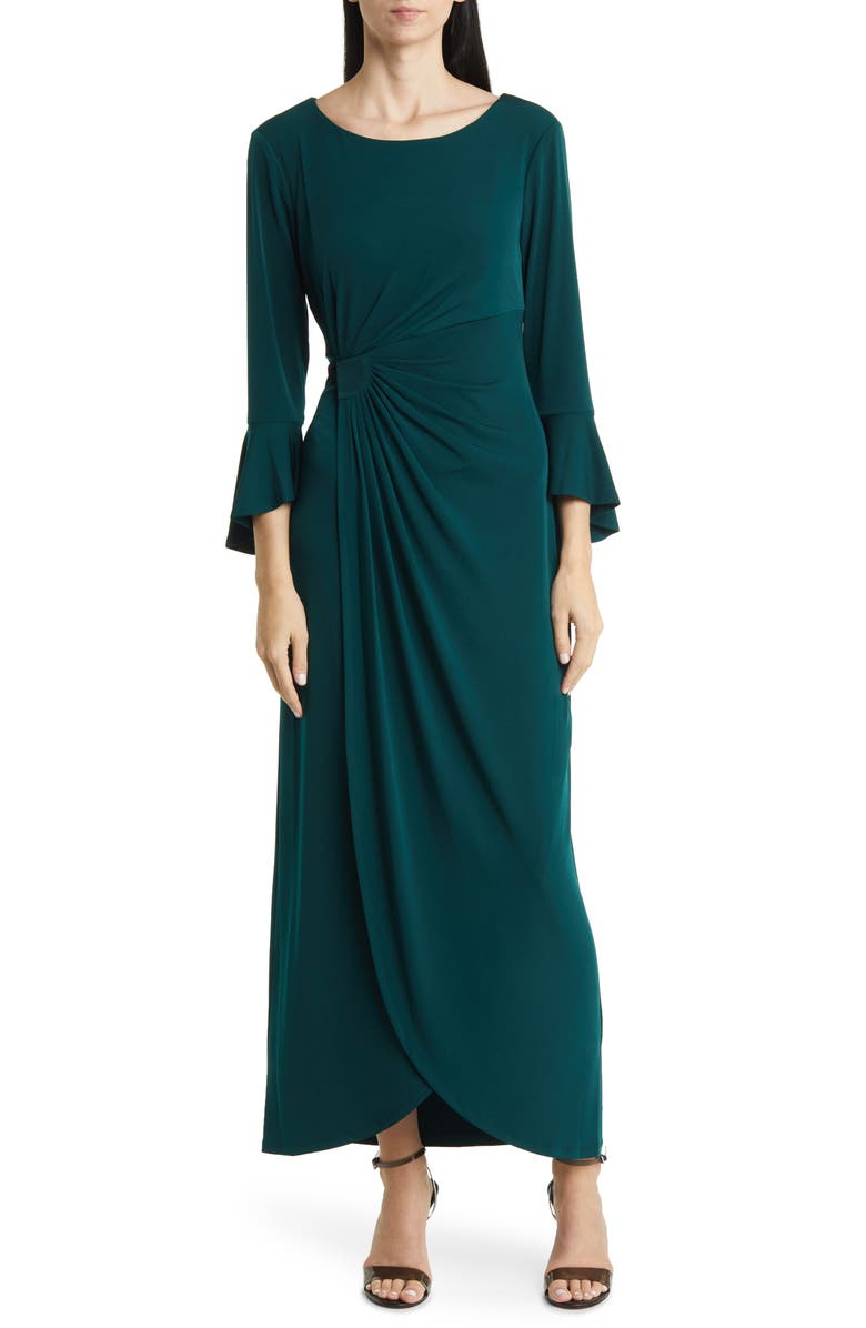 Connected Apparel Bell Sleeve Gathered Waist Gown, Main, color, Hunter